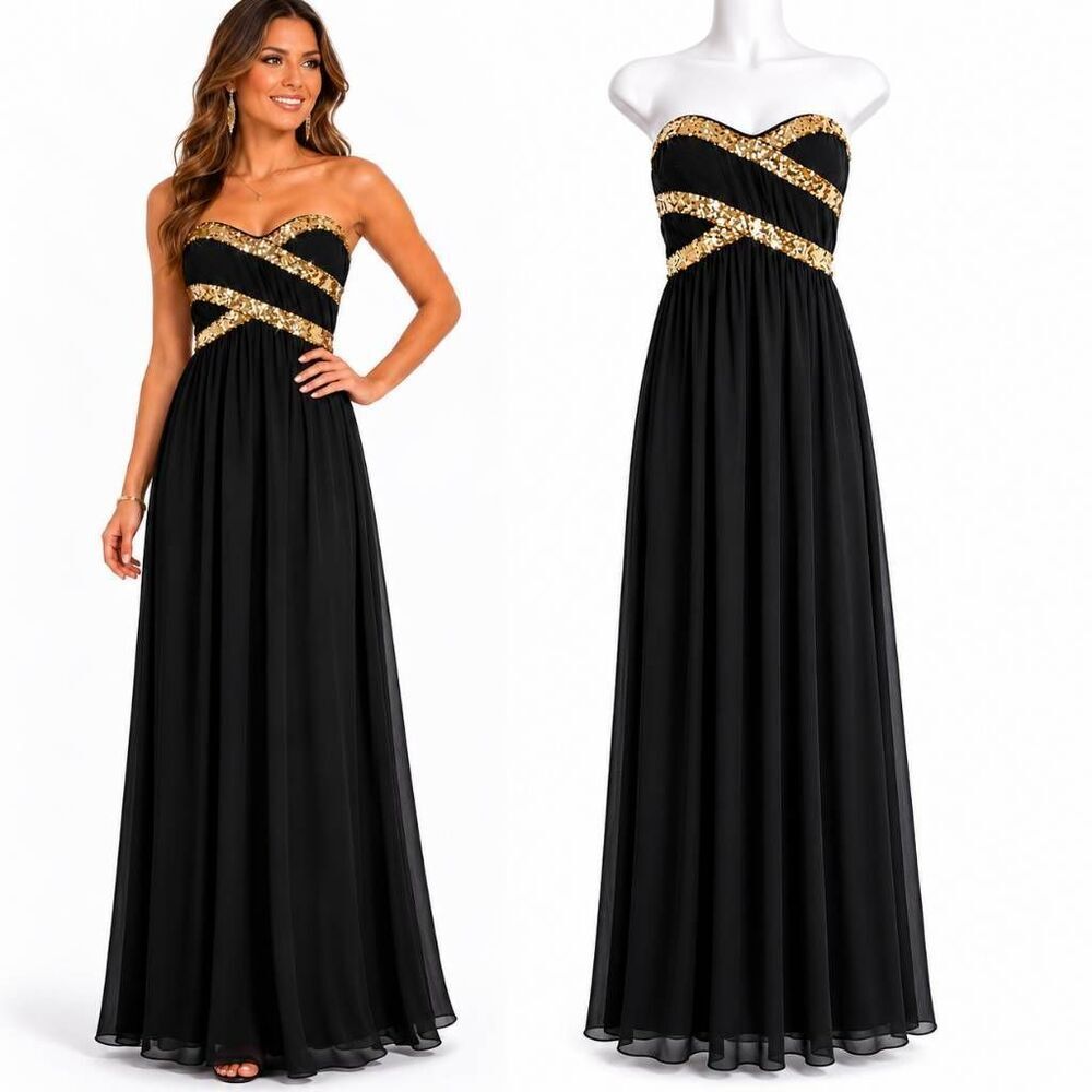 YA Los Angeles Black Gold Sequin Maxi Dress M